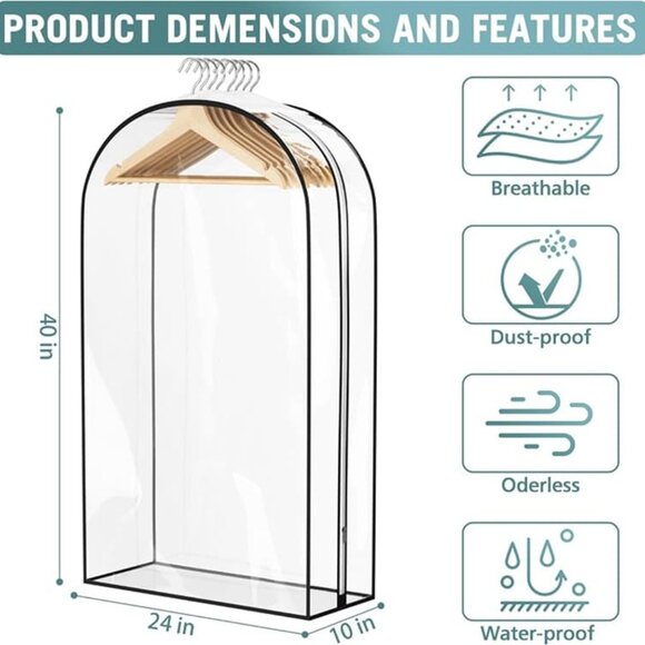 NEW Hanging Plastic Clothes Cover for Coat, Dress, Fur, Shirt, 4 Pack, 40” Long - Picture 5 of 8